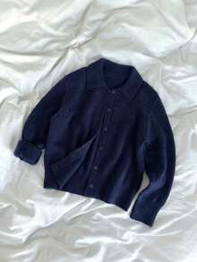 Kardigan Rajut Wanita Musim Gugur/Dingin Vintage Biru Navy Kerah Lipat Desain Kancing Tunggal Efek Melangsing Serbaguna Jaket Sweater - Navy Blue - View 10