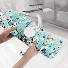 1pc Vintage Wooden Board Blue Floral Pattern, Anti-Slip Faucet Drain Mat, Bathroom Faucet Splash Guard, Mud Guard, Moisture-Proof Anti-Slip Faucet Mat, Kitchen Countertop Accessory. Protect Your Kitchen Countertop. - Multicolor - View 7