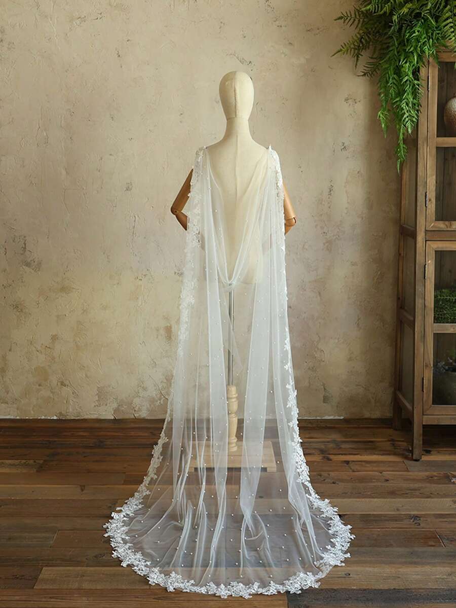 1pc Bridal Women's Pearl Shawl, Detachable Shoulder Cape, Floor-Length Single Layer Wedding Accessory For Photoshoot, Party, Versatile - Multicolor - View 1