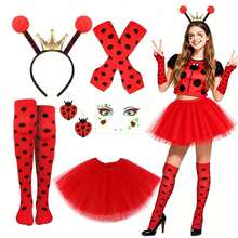 6pcs Ladybug Costume Set, Red And Black Fluffy Dress, Includes Ladybug Headband, Earrings, Socks And Gloves, Suitable For Halloween Party Animal Role Play - Multicolor - View 1