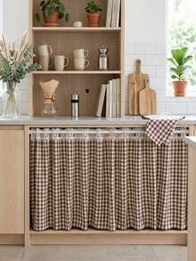 1Pc,White Perforated Lace Splicing American Country Retro Plaid Kitchen Half Curtains For Restaurant Cafe Windows Drapes Over Sink,Oven, Microwave, Curtain Decoration - Khaki - View 3