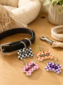 Custom Checkered Acrylic Bone Pet Tag, Cute Personalized Dog Name Collar Charm For Daily Walks And Home Use, Customized Pet Keepsake With Name, Customizable Puppy Pendant Gift For Pet Lovers, Birthday, Halloween, Thanksgiving And Christmas Day Gift - Style a - View 6