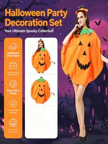 3pcs Adult Pumpkin Costume, Halloween Unisex Pumpkin Role Play Party Outfit, Includes Hat And Bag - Multicolor - View 11