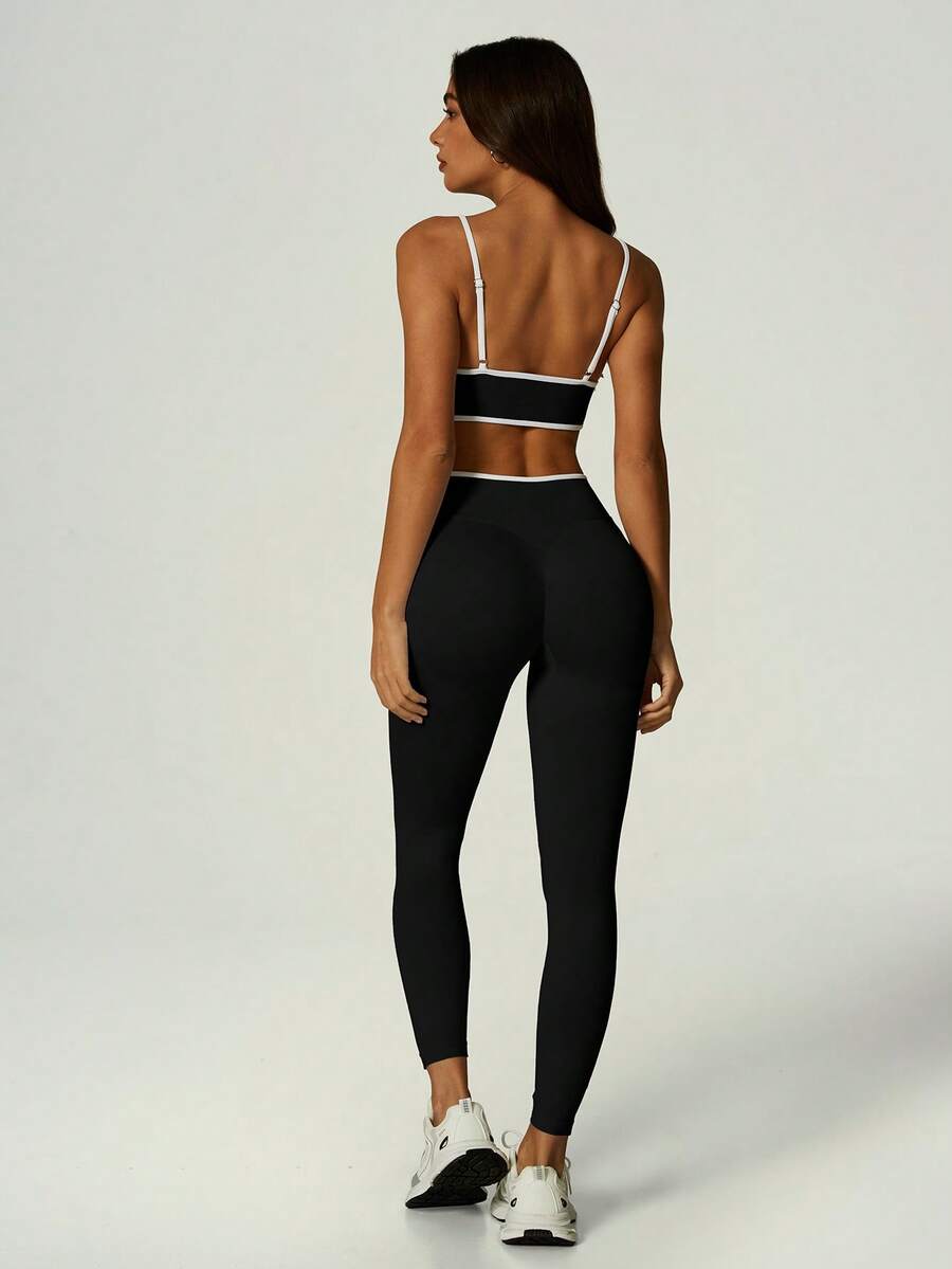 UONNOU Peach Butt-Lifting Fitness Set, Colorblock Trim V-Neck Spaghetti Strap Sports Bra & Leggings - Black - View 1