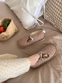 XIXITIAO 1 Pair Women's Fashionable Elegant Fairy Style Maternity Slippers, Khaki Floral With Small Bow, Cute Polyester Fiber Flat Full-Coverage House Shoes For Autumn/Winter - Brown - View 10