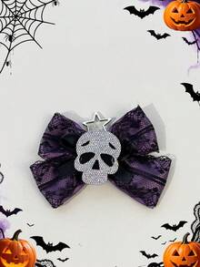 1pc Halloween Themed Satin Bow Hair Clip With Ghost, Skull, Star Decor, Mesh Ribbon Design, Back To School, Travel, Photo Shoot, Dark Aesthetic Style Accessory - Multicolor - View 6