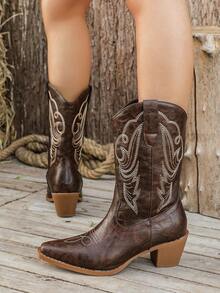 Autumn/Winter Comfortable Retro Knight Boots | Slimming Pointed Toe Chunky Heel Embroidered Fashion Boots Brown Versatile Western Style Boots - Brown - View 2