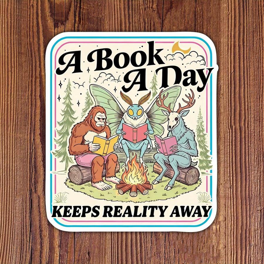 1pc 3 Inch "One Book A Day, Escape Reality" Humorous Mysterious Creature Book Club Design Bookworm Theme Digital Download Pattern, Suitable For Laptop, Kindle, Notebook, Planner, Journal, DIY Crafts, Creators And Readers - A - View 1