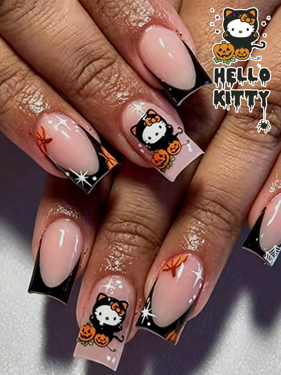 Sanrio 萬聖節 Hello Kitty 24片 Y2K 中號方型豹紋法式穿戴甲,附可愛萬聖節 Hello Kitty、蝙蝠與南瓜頭設計,適合壓克力假指甲套組,含 1 瓶果凍膠與 1 個指甲锉,適用女孩或男孩派對使用 - 彩色 - 查看 1