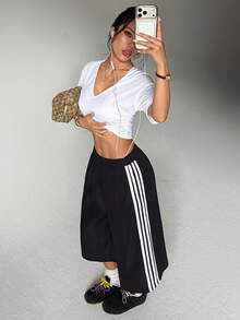 Sports Vertical Striped Elastic Drawstring Calf Length Sweatpants Casual Fitness Bottoms Black Summer - Black - View 5