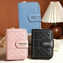 Mini Zip-Around Wallet, Multifunctional Women's Card Holder With Embroidered Heart And Simple Coin Purse. - Blue - View 2