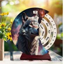 Wolf Husky Print Rotating Wooden Perpetual Desk Calendar, Crescent Shaped Forever Calendar With Dark Red Wood Base, Adjustable Month Date Week Animal Pattern Desktop Decor Ornament, Back To School Home Office Table Gift - A - View 8