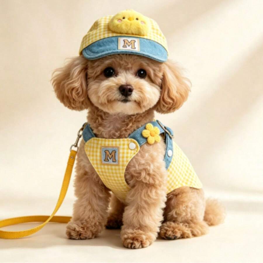 Set Perlengkapan Jalan-jalan Hewan Peliharaan Motif Kotak-kotak Kuning, Topi Anak Ayam Berbulu, Harness dan Tali yang Dapat Diatur, Harness Model Rompi, Cocok untuk Anjing dan Kucing Kecil