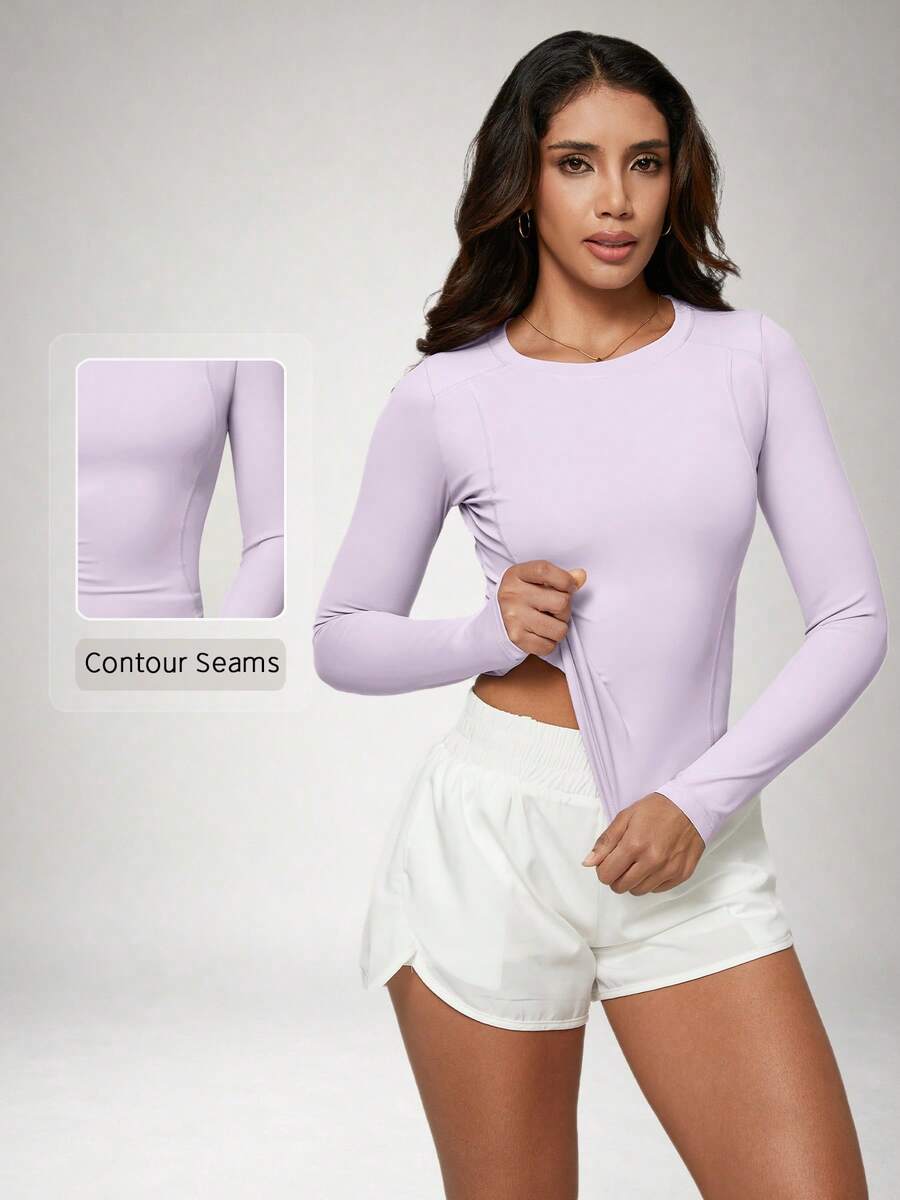 NcmRyu Women's One PC Solid Color Crew Neck Fitted Sports Long Sleeve - Mauve Purple - View 1