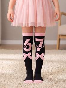 1/2 Pairs Girls Number 67 Print Bow Decor Knee High Socks, Pink And ...