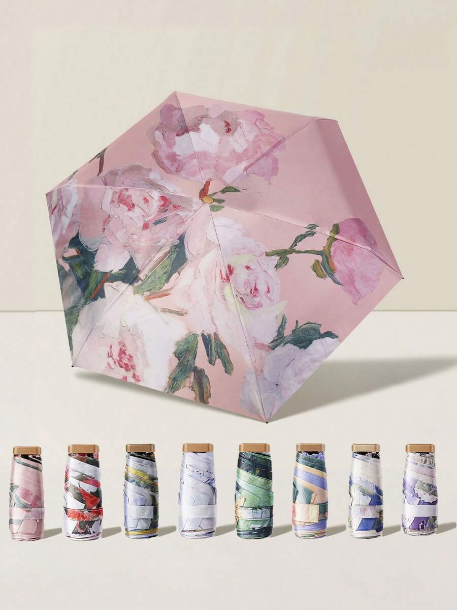 1pc Mini Travel Sun Umbrella, Printed Folding Umbrella, Portable Outdoor Sun Umbrella, UV Protection Sun Umbrella, With Storage Bag, Sun Protection Umbrella, Sun Protection Product, 6 Ribs + Thickened Black Glue Sun Protection Coating, Travel Essential, Perfect For Outdoor, Travel, Summer Sun Protection, Windproof And Waterproof - Multicolor - View 1