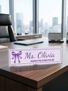 1pc Customized Teacher Name Plate, Plaid Bow Desk Nameplate, Text Position Title Plaque, Sweet Style Office Desktop Decor Gift, Teacher Appreciation Gift, Back To School - Multicolor - View 12