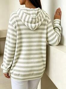 Plus Size Women's Striped Ribbed Sweatshirt With Pockets And Drawstring, Casual Everyday Long Sleeve - Light Grey - View 2