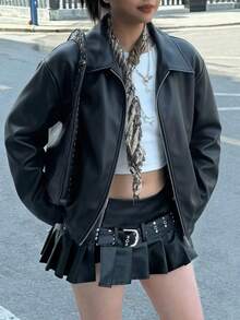 Women's Oversized Collared Faux Leather Bomber Jacket,Fall Clothes,Jackets Zip Up - Black - View 2