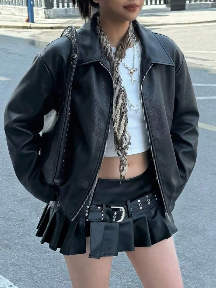 Women's Oversized Collared Faux Leather Bomber Jacket,Fall Clothes,Jackets Zip Up
