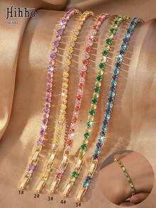 Hihho 1pc Multi-Color Gradient Full Zirconia Bracelet, Sweet Colorful Style, Available In Rainbow Gradient, Solid Color Gradient And Other Color Combinations, Featuring "Pave Zirconia + Gradient Color" Design, Energetic And Visually Eye-Catching, Suitable For Streetwear, Dating And Other Occasions - Gold - View 8