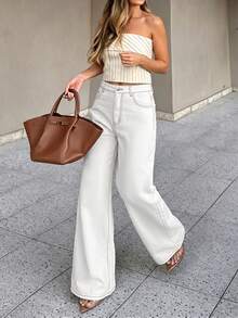 TOP Y2K Fashion Women's Straight Leg Jeans, Non-Stretch Light Wash Denim, Classic Button Closure, Relaxed Casual Fit White Fall - White - View 6