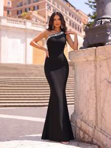 New Sexy One-Shoulder Sleeveless Rhinestone Decor Backless Bodycon Bandage Mermaid Long Dress Women Formal Evening Gown - Black - View 6