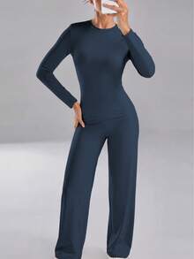 Women's Long Sleeve Slim-Fit Top And Wide Leg Pants Set, High Stretch, Breathable Two Pieces Outfit For Fall And Winter - Navy Blue - View 9