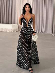 Autumn Black Polka Dot V-Neck Spaghetti Strap Elegant Dress, Suitable For Date, Party, Vacation, Beach - Black - View 1
