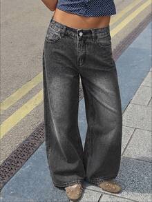 Women's Casual Extra Long Wide Leg Denim Jeans, With Zipper And Pockets, Non-Stretch, Y2K Retro Style - Dark Grey - View 1