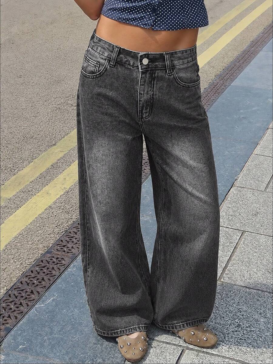 Women's Casual Extra Long Wide Leg Denim Jeans, With Zipper And Pockets, Non-Stretch, Y2K Retro Style - Dark Grey - View 1