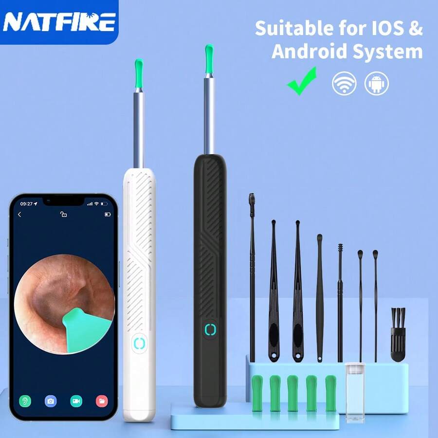 NATFIRE 1 Set Portable Illuminated Earwax Removal Endoscope Ear Cleaning Kit With Micro Camera, Includes 8 Ear Scoops, Otoscope, Type-C Charging, Wireless Smart Visual Self-Care Endoscope, Compatible With IPhone And Android Phones, Gift For Family And Friends