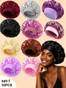 10pcs Set Assorted Solid Color & Leopard Floral Pattern Satin Sleep Caps, Soft Elastic Band Hair Wraps, Women's Wide Brim Smooth Satin Fashion Sleep Caps, Comfortable Breathable Hair Care Caps, Back To School Essential Hair Accessories - Multicolor - View 2