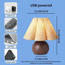 1pc Vase Petal Shaped Table Lamp, Walnut Wood Grain Pleated Lampshade USB Night Light, French Ins Style Bedroom Home Decor Ambient Light - Multicolor - View 9