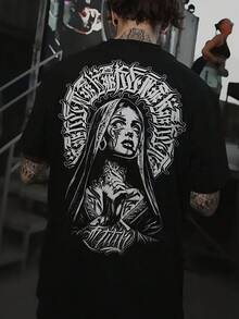 Camiseta Americana de Moda con Diseño de Tatuajes, Estilo Caricatura,  Oeste, Danza Urbana, Fuente Floral Chicana, para Hombre, Primavera y Verano, Nueva, Casual, Versátil, Talla Grande - Negro - Ver 1