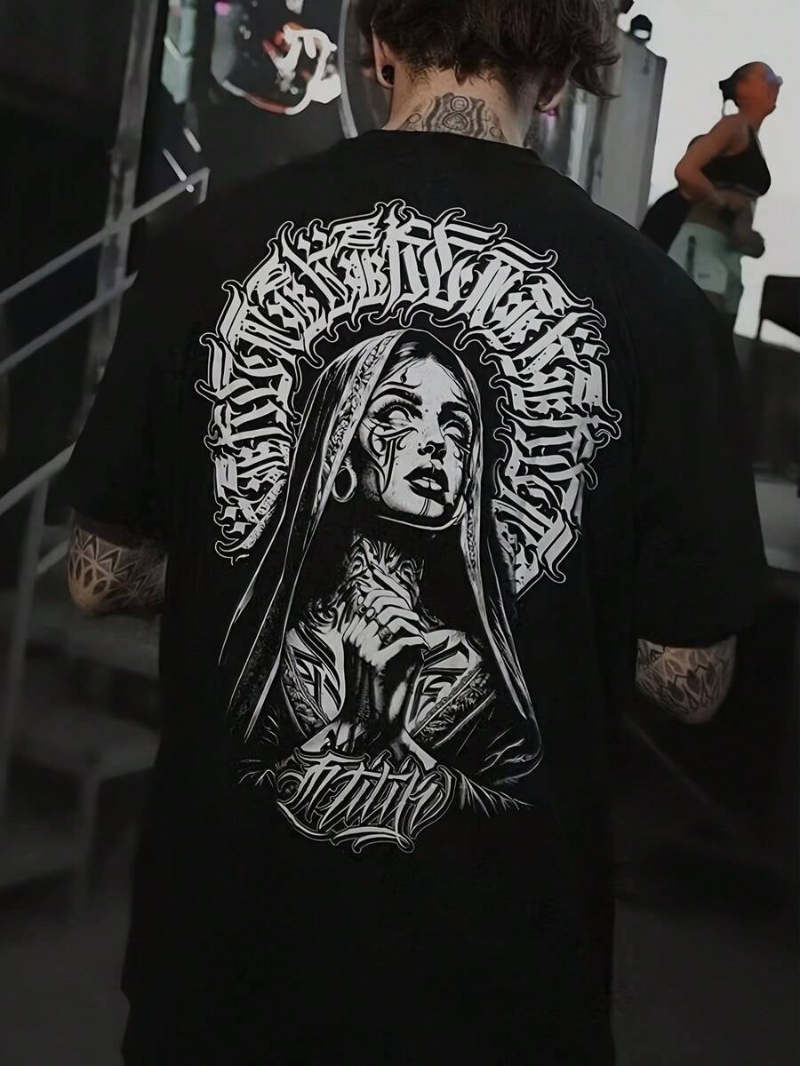 Camiseta Americana de Moda con Diseño de Tatuajes, Estilo Caricatura, Oeste, Danza Urbana, Fuente Floral Chicana, para Hombre, Primavera y Verano, Nueva, Casual, Versátil, Talla Grande - Negro - Ver 1
