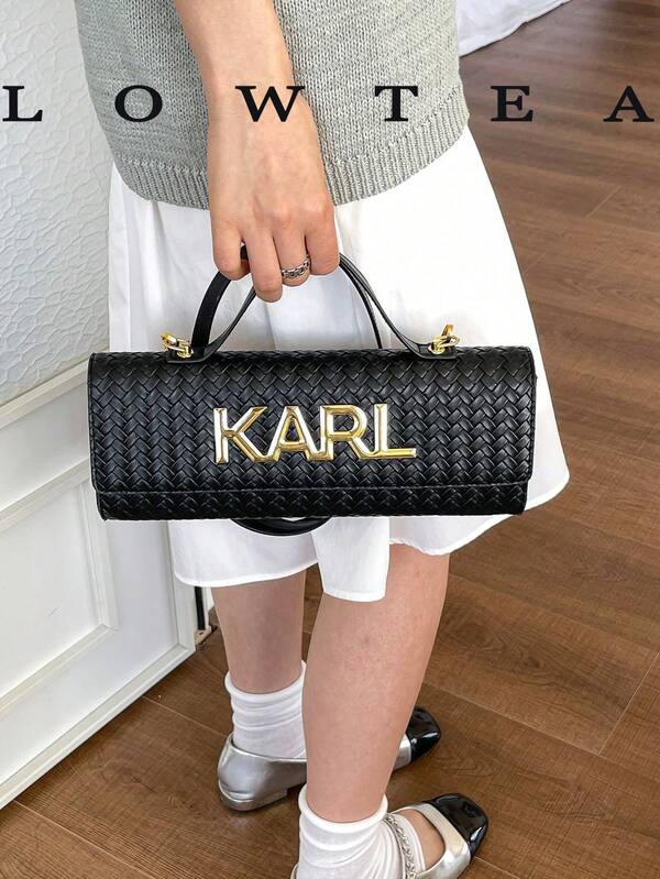 Low Tea 1pc Color Block PU Fabric Handbag, Women's Fashion Square Tote Bag With All-Over Texture, Letter Hardware Decor, Top Single Handle Design, Snap Closure, Shoulder Strap For Shoulder Or Crossbody Wear, Suitable For Commuting, Outdoor, Travel, Outing