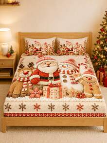 3pcs Christmas Cartoon Santa Claus Snowman Reindeer Print Bedding Set, (1PC Fitted Sheet + 2pcs Pillowcases, Pillow Inserts Not Included,) Polyester Digital Print, Cute Snowman Santa Claus Reindeer Penguin Theme Bedroom Decor, Machine Washable, Bedroom Holiday Home Textiles - Multi-color 1 - View 14
