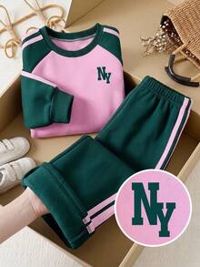 Teen Girl Letter Print Crew Neck Sweatshirt And Striped Sweatpants Set - Pink - View 4