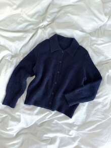 Kardigan Rajut Wanita Musim Gugur/Dingin Vintage Biru Navy Kerah Lipat Desain Kancing Tunggal Efek Melangsing Serbaguna Jaket Sweater - Navy Blue - View 8