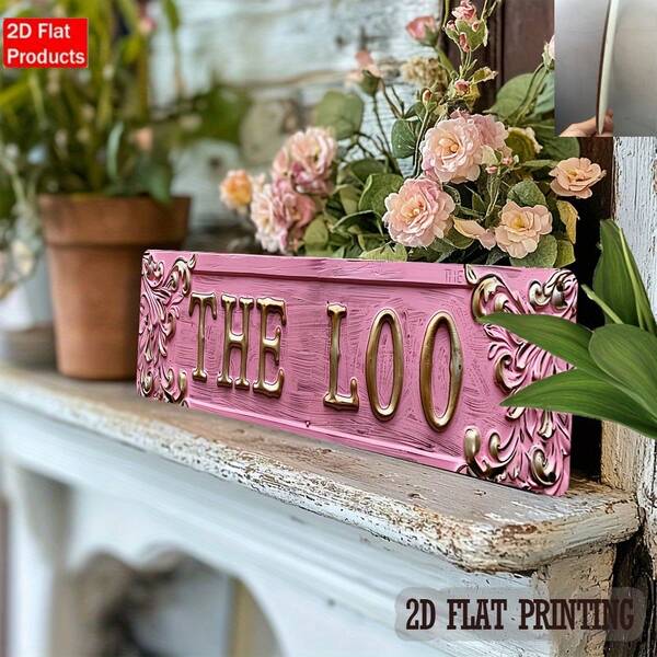 2D Flat Print, Vintage "The Loo" Metal Sign 4x16 Inches, Retro Style Wall Decor For Home, Cafe, Garage, Farmhouse, Bathroom, Kitchen, Garden, Letter And Floral Design, Bathroom Decoration