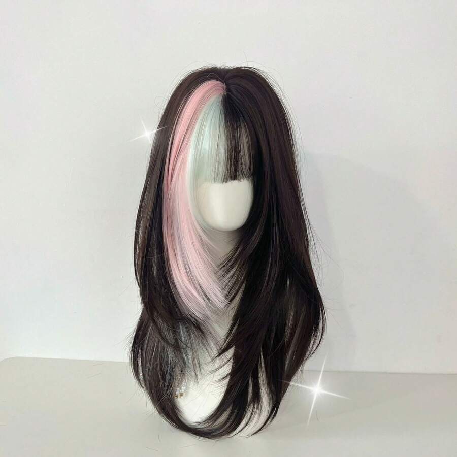 Y2K Cool Dark Brown Wig With Pink & Mint Face Framing Streaks, Layered Wolf Cut Collarbone Wig For Alt Girls Streetwear & Photo Shooting - Pink and Green Highlighted Wig - View 1