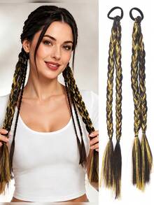 16 Inch Pair Of Synthetic Heat-Resistant Braided Ponytail Extensions With Highlights And Iridescent Sequins, Elastic Band Style, Suitable For Women's Daily Wear, Festivals, Events And Concerts - Multicolor - View 11