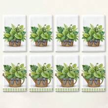 2pcs Green Plant Potted Print Kitchen Towels, Plant Pattern Hand Towels, Absorbent Soft Dish Cloths, Pastoral Style Home Decor Towels, Kitchen & Bathroom Supplies, 4/6/8 Pack - Multicolor - View 10