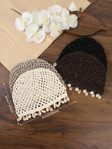 1pc Boho Hollow Crochet Hair Cap With Natural Cowrie Shell Tassels,Women Mesh Knit Turban Hat,Suitable For Everyday Outings Head Vacation For Beach - Multicolor - View 4