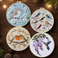 1件 20*20cm/7.9*7.9in 可愛小鳥刺繡套件，DIY手工刺繡套裝，適合成人初學者，居家禮物，女性縫紉禮物，包含使用說明書、印花布料、刺繡框、針與線 - A - 查看 3
