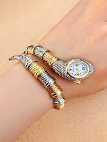 SOKI Women's Fashion Personalized Snake Bracelet Watch Quartz Watch Electronic Drive And Pointer Display Suitable For Daily Wear Back To School Season Time Checking Birthday Gift Also Ideal Choice For Friends - Silver and Gold - View 3