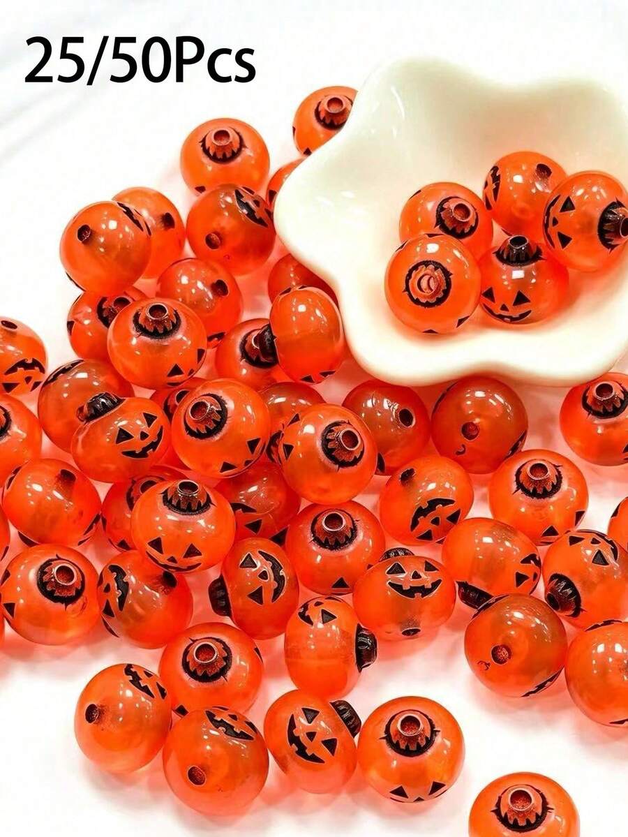 25/50pcs Acrylic Pumpkin Ghost Face Beads DIY Halloween Gift, Creative Bracelet Accessories, Unisex - Multicolor - View 1