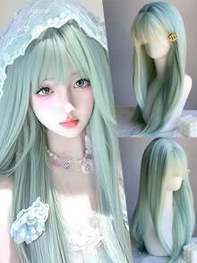 Halloween Blue Long Straight Wig, Synthetic Fiber, Middle Part Lace Front Wig, Cosplay Party, Daily Lolita Fashion Hair Accessory - Multicolor - View 14