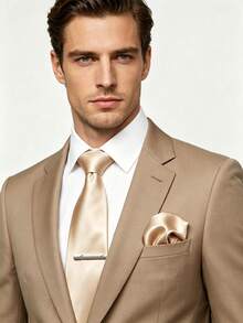 3pcs Men's Champagne Color Tie, Pocket Square, Tie Clip Set, Suitable For Business, Commute, Banquet, Cocktail Party, Wedding - Champagne - View 2